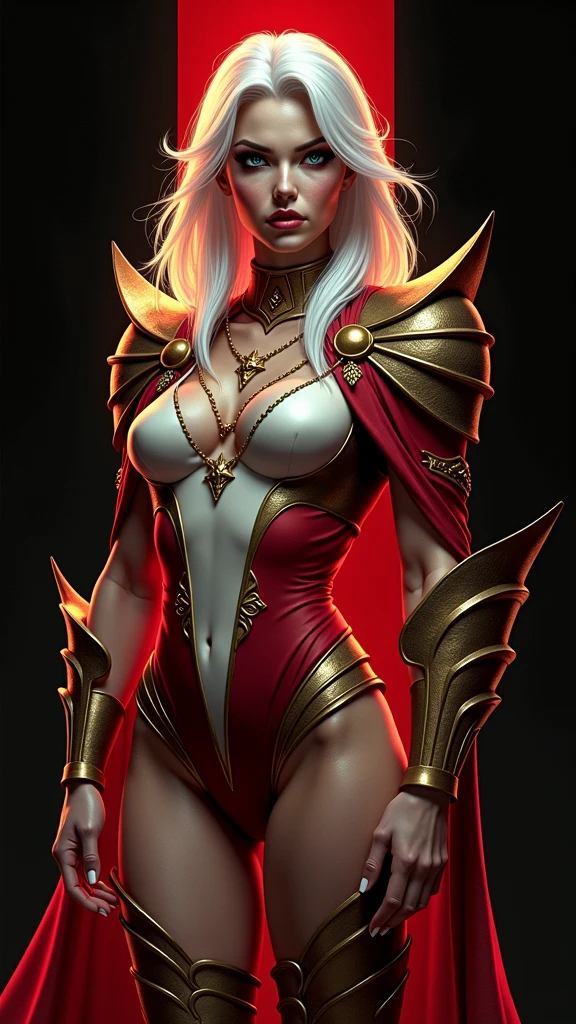 (masterpiece, high quality:1.8), extremely detailed, ambient,
SallyWhitemane, 1girl, mature female, FeelsGood, determined,
white hair, long hair, jewelry, (eyeshadow:1.8),
hat, shoulder armor, (two-tone leotard:1.2), gold trim,
red background,