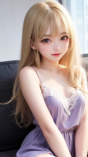 (((Lying on your back on the bed)))、(((Vulgar)))、(((Purple underwear)))、(((Large chest)))、Beautiful young skin with a refreshing luster、Hair gets in the way in front of a cute face、18 year old cute sexy little beautiful face、a baby face、Golden straight thin hair dancing in front of cute beautiful face、Long silky bangs covering cute eyes、Sexy pale light blue eyes, Hair hiding sexy face、Super long, ((Straight beautiful natural blonde hair))、White beautiful skin、Shiny cheeks、Sexy cute young woman, (Best Quality, masutepiece:1.2), 1girl in, (((Petite))), (((Little))), (((Flat))), (((skinny))), (((small ass))), (((slim thigh))),
