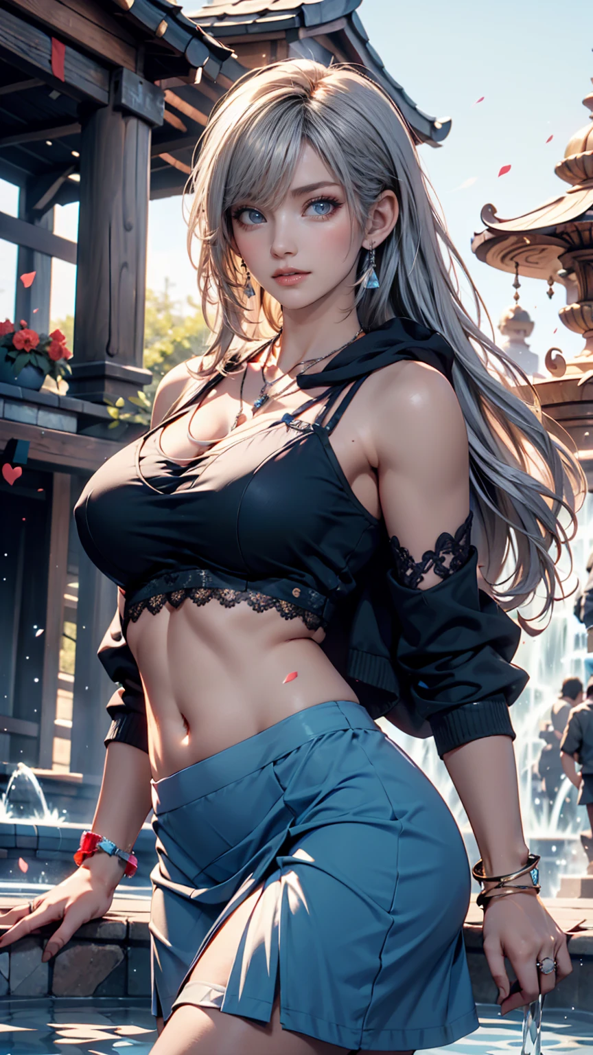 ((best qualtiy, 8k, tmasterpiece:1.3)), (Flower Cap:1.3),Focus:1.2, perfect figure beautiful woman:1.4, Cocked buttocks:1.2, ((Cut hair in layers:1.2)), , (dark Street:1.3), Highly detailed facial and skin texture, full bodyesbian,A detailed eye, 二重まぶた,Whiten skin,long whitr hair,(with a round face:1.5),(Loose crop top,No shorts:1.6),nakeness