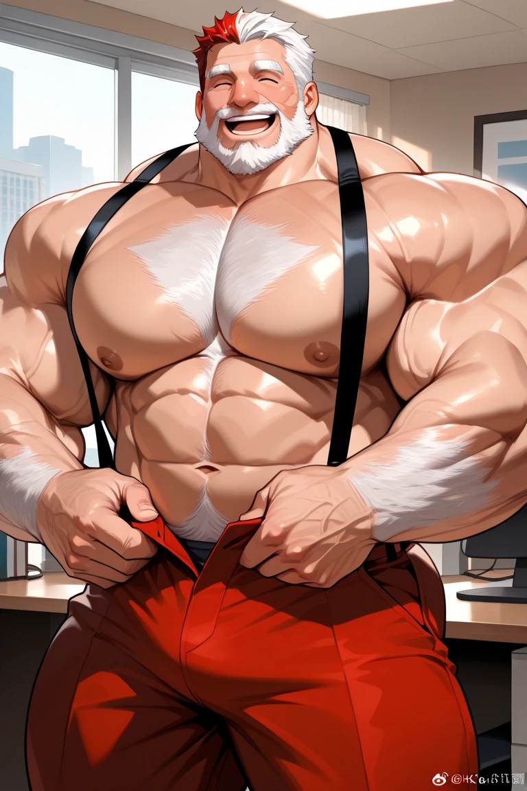 Middle-aged gray-haired man, handsome and detailed face, detailed blue eyes, short white hair, muscular body, white beard, sexy smile, muscular chest with white hair, thick thighs, oily and shiny skin. He is sitting on a red leather chair, legs open wearing a red jockstrap, large bulge in the groin, leather harness, Santa hat, holding a whip in his right hand.