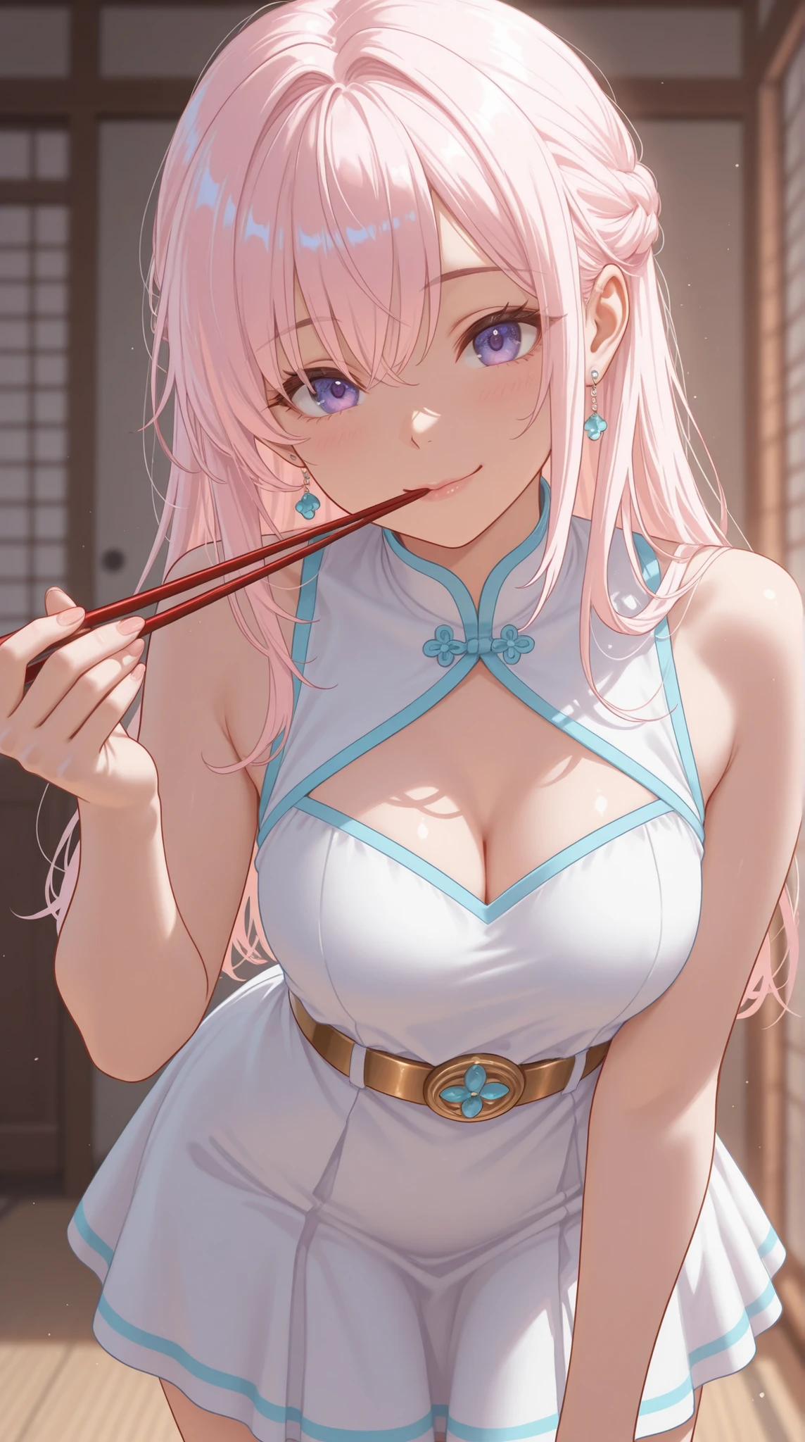 ((masterpiece, best)),(1girl),((mature woman)), light pink hair, halo, trumpet, ((office lady)), bangs, mid-chest, (full), slim, smiling, [wide hips ], office, standing, aru \(blue file\),