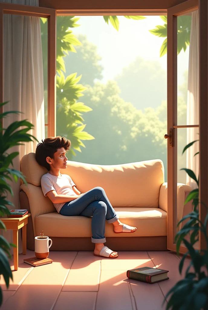 Interior of a house with furniture and a boy sitting on the sofa next to the window