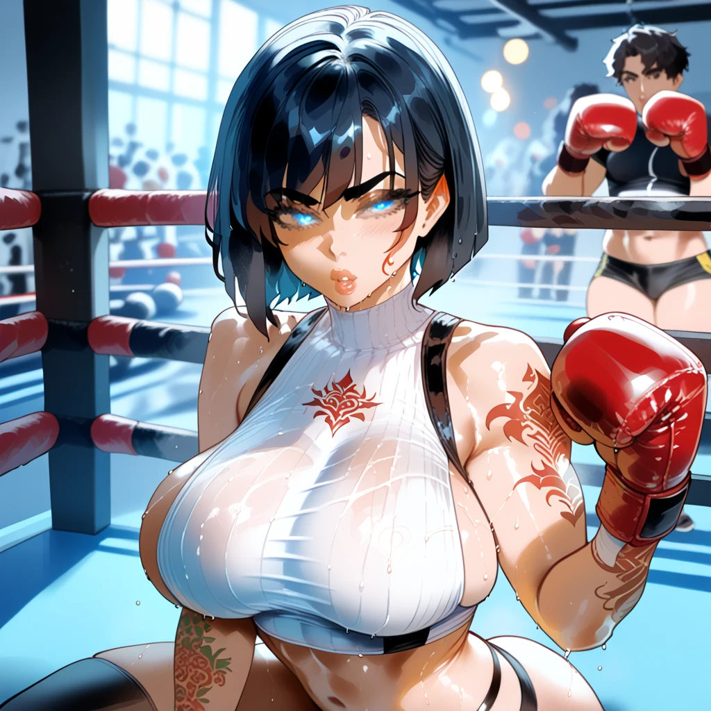 She is covered in blood. She is sweating profusely. She is having sex with the other man. The other man's penis is inserted between her legs. A naked, young, beautiful, Japanese heavyweight mixed martial artist is being raped in the underground and illegal octagon. She is crying. Screaming. Drooling, eyes closed, gasping for air. Short-cut black hair. Open-fingered gloves. Erect nipples. Muscularity. Six-pack abs. Very thick arms and thighs. Super big tits.
