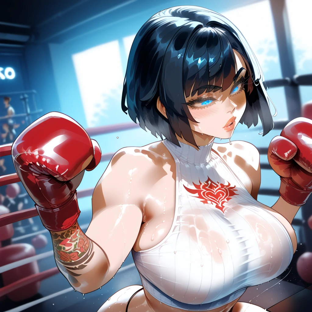 A young and cute Japanese street fighter。My body was slammed to the ground in the alley、Being knocked away by the other person。Short black hair。Sweating a lot。Covered in blood。Crying。Both eyes closed。shortness of breath。Drooling from the mouth。Sports Bra。Denim shorts。Open Finger Gloves。Erect nipples。