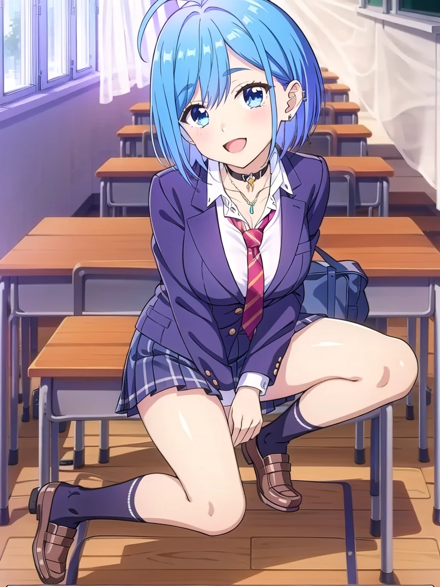 Beautiful lighting, One Girl, solo, Akane, White shirt, (((skirt)))，Sweater vest, Black vest, Blue tie, ((Anime Style))、((2D))、Laughter、Open your mouth、Look forward，((Cotton panties with crotch))，(((skirtめくり, I can see your pants)))，squat，From below，squat，squat，