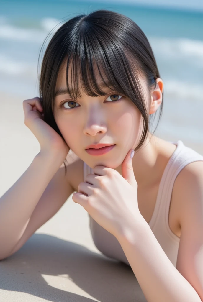 there is a woman that is standing on the beach with her hair in a bun, kotegawa yui, shikamimi, Chiho, Yoshitomo Nara, kimi takemura, ai yazawa, shiori teshirogi, aoshima Chiho, sui ishida with black hair, Yasumoto Oka