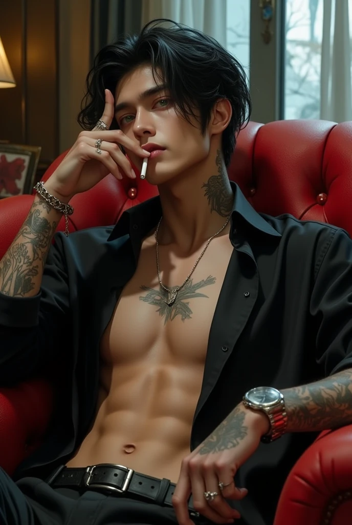 Young white man with black straight hair, Brazilian feature, eyes browns, thick eyelashes, thin with little muscle, lying alone, now, on a bed with black satin sheets, smoking a cigarette, with the smoky room and neon lights