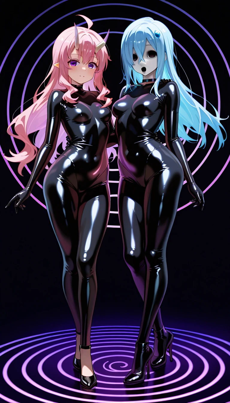 Masterpiece, best quality, 1girl, with long flowing iridescent hair in shades of purple, blue, and green, wearing a sleek black bodysuit, standing in a dramatic pose with one hand on her hip and the other holding a glowing, magical crystal ball. In the background, a swirling vortex of light and energy adds to the mysterious and enchanting atmosphere of the scene. glow hair, multicolor hair, (two heads)