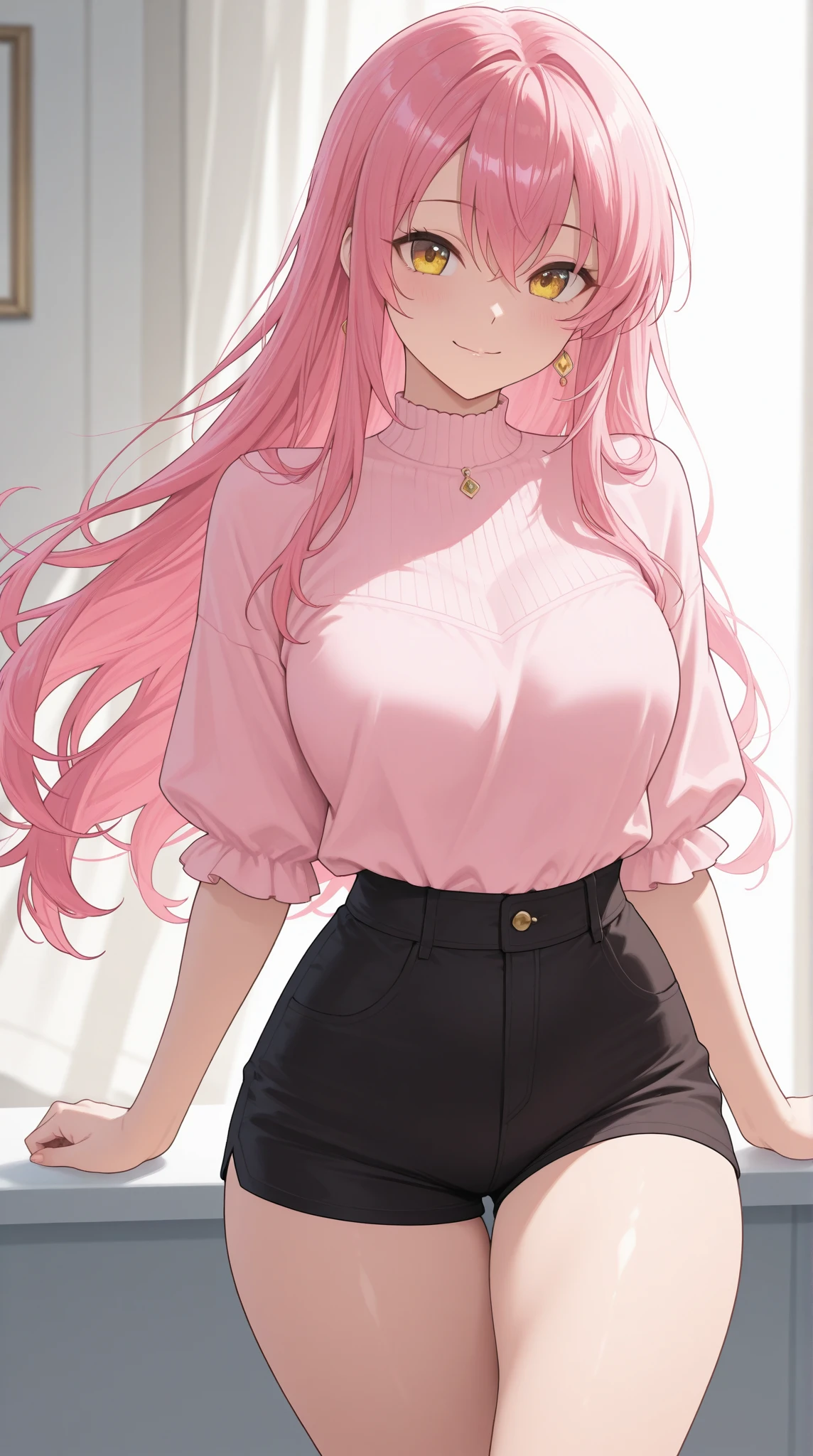 High resolution, Very detailed, perfect lighting, beautiful detailed eyes, ((masterpiece,Best Quality)), absurdities, alone, princess zelda, by the width, crown braid, Hair clip, pointy ears, pink shirt, long sleeves, Gloves without fingers, black gloves, Black pants, tight pants, smile, curves, nod, , deep neckline, deep neckline, bare breasts, bare breasts, NSFW, visible nipples, visible nipples , pink hair, pink hair, looking ahead, looking ahead, acercamiento, acercamiento