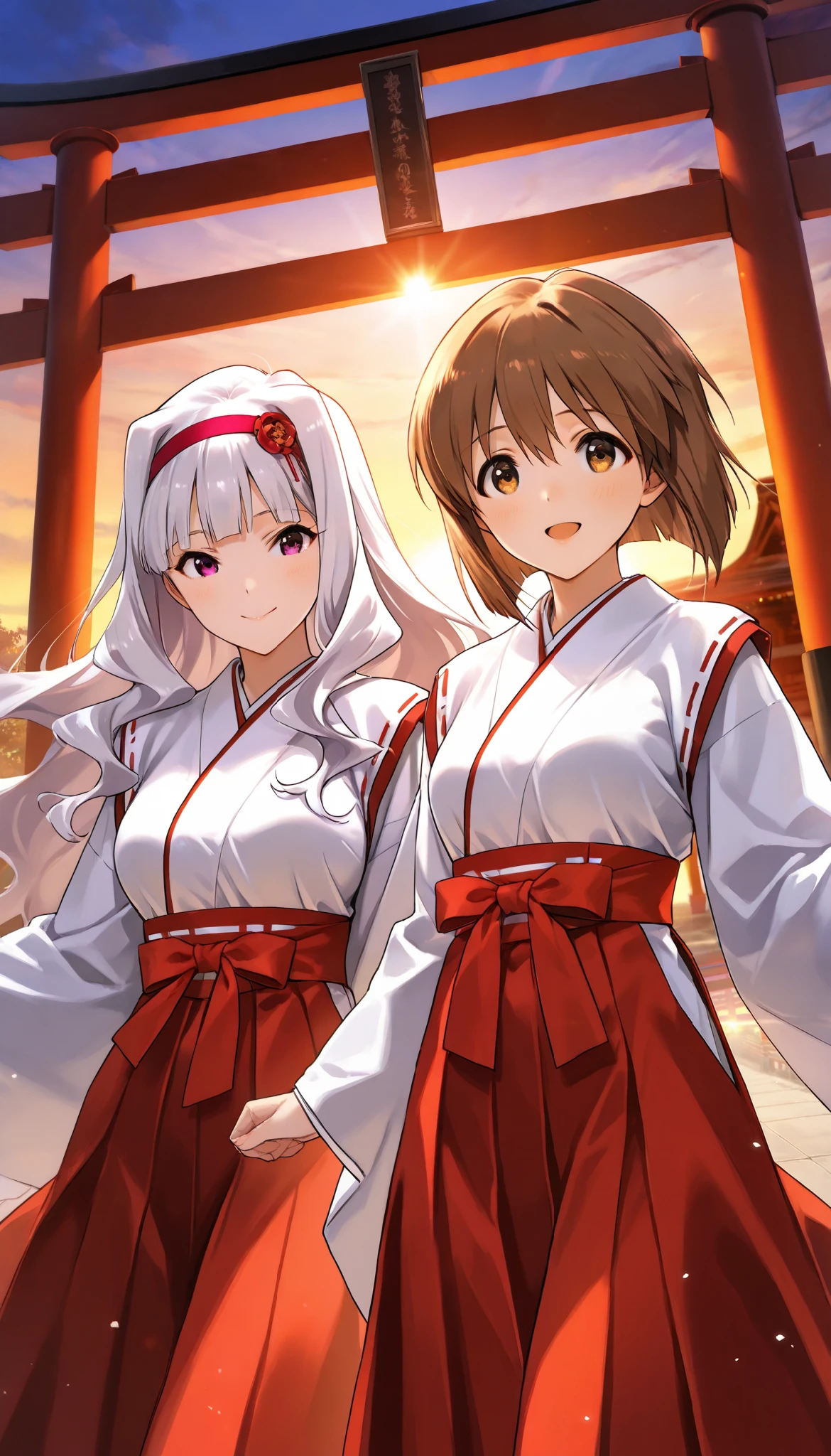 score_9 , score_8_up , score_7_up , source_anime ,2 girls, Shijou Takane, white hair, long hair, BREAK, purple eyes, Simple headband, gentle smile, Hagiwara Yukiho, brown hair, short hair, brown eyes, Smile shyly, shrine maiden clothes, In front of the torii gate, sunrise, best lighting