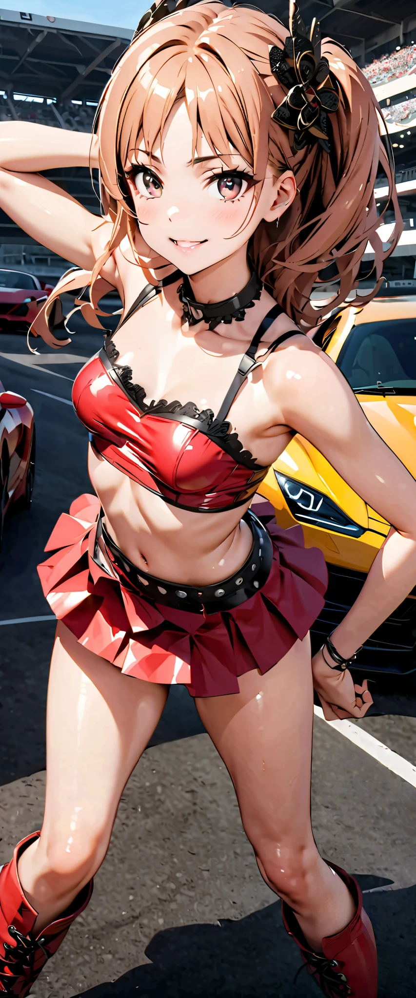 top quality, ultra high definition, 1 person, small breasts, Black Choker, smile, exposes your shoulders, just focus , Viewer,white skin,Car Race Track, photon mapping to Viewer, physically-based rendering, RAW photo , very detailed background, K-pop idols , is written in depth, hair ornament, detailed face, Glowing Skin, game cg,full body, shiny micro mini skirt ,shiny micro tube top,shiny knee-length long boots , lace queen with her ,Medium Bust, Sexy Poses, tall and low sports cars,gross lips,Shirai Kuroko