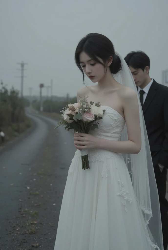 The silhouette of a bride, with a long veil, older, with a wilted bouquet wandering along the road, car passing by, with ghostly lighting
