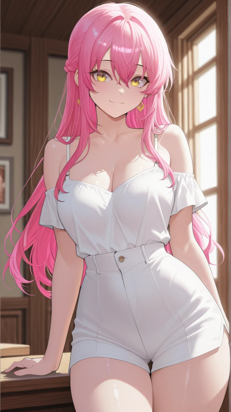 synecdoche, masterpiece, best quality, 1girl, vinhi gala dress, large breasts, blush, pink hair, bangs, open mouth, , solo, looking at the viewer, collarbone, blue eyes, swept bangs, earrings, bare shoulders, smile, neckline, jewelry, sky, long hair, loose hair