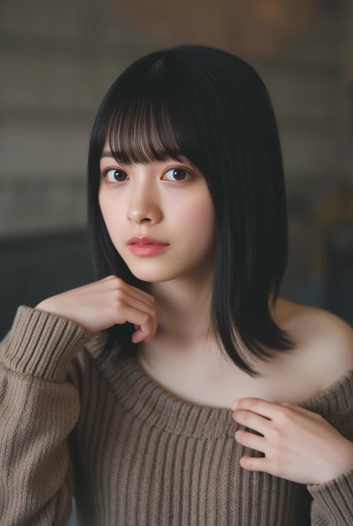 masterpiece, highest quality, 8k, 20th Generation, Big Breasts, cute, alone, sad, cute, Girlish, cute、Delicate girl, Pure beauty, RAW Photos, Professional photography, Portraiture, Soft Light, Professional Lighting, Backlight, Upper Body, avert your eyes, Sophisticated, Film Grain, (Round face、Young Face、Thin eyebrows、Thin lips:1.0), Floating Hair, beautiful, Flowing hair, bangs, White blouse、Grayish color cardigan、(Big Breasts:1.2)、I can see a little cleavage、dolly make、Heterochromia iridis、Left and right eyes are different colors、Focus on the face