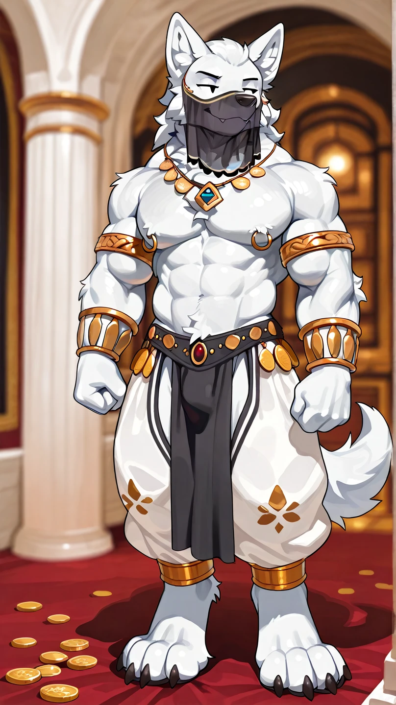 Solo, male (((retriever, muscular, white fur, white body, white fur, black eyebrows, black nose, blue eyes, folded ears, flustered expression, blush, ear piercing, ear ring, golden collar, gold cuffs, thin waist, underwear, big bulge))) standing, 5 fingers, tribal tent ((focus eyes, focus pupils, focus white body, focus white fur, focus 5 fingers, focus golden collar, focus underwear)) full body, perfect anatomy, adult character, by darkgem, by mystikfox61, by glitter trap boy
