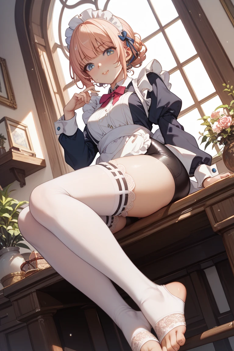 (from below:1.2),22 year old beautiful girl,Purplish blue eyes that dreamers desire,(Blonde hair) , small stature, (masutepiece:1.2, Best Quality),(finely detailed beautiful eye: 1.2),(beautifull detailed face),(perky chest:1.1),(pointed chest:1.2),(cakes magazine cover:1.5),(Best Illumination, extremely delicate and beautiful),sexy pose,make a cocktail , in a bar counter,Ultra Contrast,Braid a little around the ears, White long dress, (very detailed),(Raw photo, highest quality),(realistic, Photoreal:1.3), high detail, very detailed complex 3D rendering of face, (very detailed skin:1.2), dynamic angle, fire glow effect, professional lighting, side light, cinematic light, a super high resolution, 8K , best shadow, particles of light, Fine skin texture, detailed face, intricate details, Super detailed, shine, Please reconsider, full body,, beautiful face, shiny skin, thin, nice companion, delicate body, thin legs, naked apron, ((crawl on all fours:0.5)), beautiful back, butt,little turn around, (A picture from a little behind:0.1), bend the body, the skirt is floating in the wind, Dark purple panties, thin Pubic hair ,highest quality, high resolution, Real World, Natural light, perfect Natural Light, ((the tip is protruding, areolas protruding,The shape of the pubic area is clearly visible:0.9)),Wet thighs,Realistic, (cute, perfect clothes, skimpy clothes:0.8, cute: 1.3) ,narrow waist,(with sparkling eyes and a contagious smile), open mouth, looking at viewer,