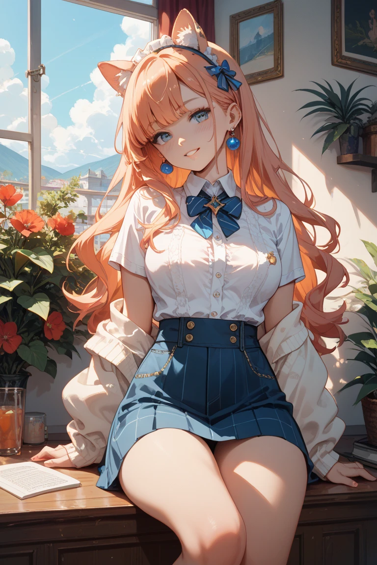 A very beautiful woman, orange skirt, sitting, anime, pastel