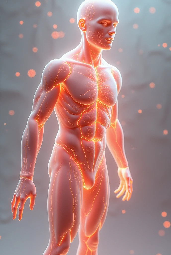 Blood vessels forming the silhouette of a person. A golden liquid (representing purified blood) flows through the vessels, transforming dark areas into luminous ones. Background with healthy blood cells. Artistic anatomical style, high definition, realistic style, cinematic style, soft colors. Photorealism style, high resolution, 8k
