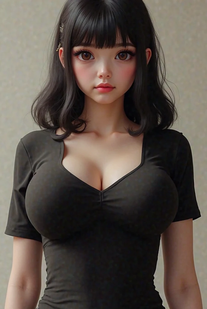 Amazing portrait of a sexy woman wearing her luscious black hair in a ponytail, seductively gazing and smiling, soft lips, parted, blushing intensely, smiling, black crop top, black cargo pants, black short shirt, medium chest, cleavage, perfect body