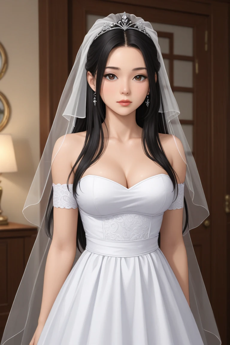 Big-eyed beauty, cute and delicate face, fair skin, long black hair, full body composition, white wedding dress, Unreal Engine, cinematic, 4K resolution, intricate details, stunning beauty, high degree of finish, cinematic lighting, exquisite details, elegance