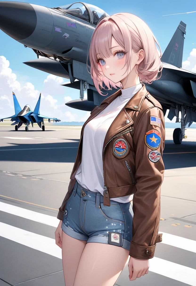 Woman, aged 21 years old, with black shoulder length short hair, black eyes, light blue military uniform, large chest, light blue pleated skirt to knee, black military boots to calf, background of future science fiction era, standing in front of a fighter jet during the day