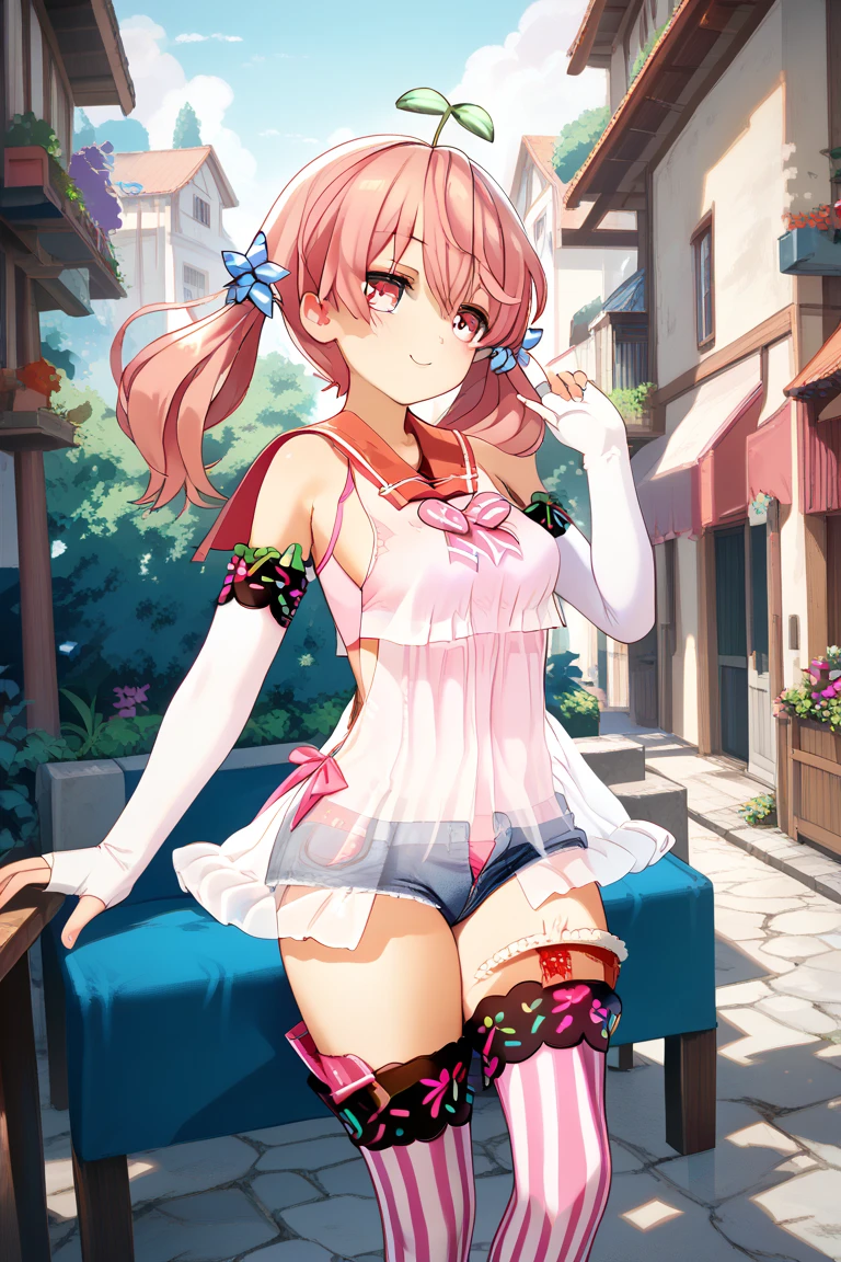 Top Quality, Masterpiece, High Definition, Very Detailed, 8k, One Girl, Cute, Anime, Crystal Clear White Skin, Sensual, Full Body, 2nd Grade of Junior High School, 13 Years Old, (Hair Color Shining Light Pink), Beautiful Cute, Bow on Head, Too Many Hair Ornaments, Cute Micro Bikini Style, Crazy Worldview, Bloody, Eyes Glowing Suspiciously Red, Fairyland, Back road, crazy smile, bright red oasis, hand on crotch, inviting