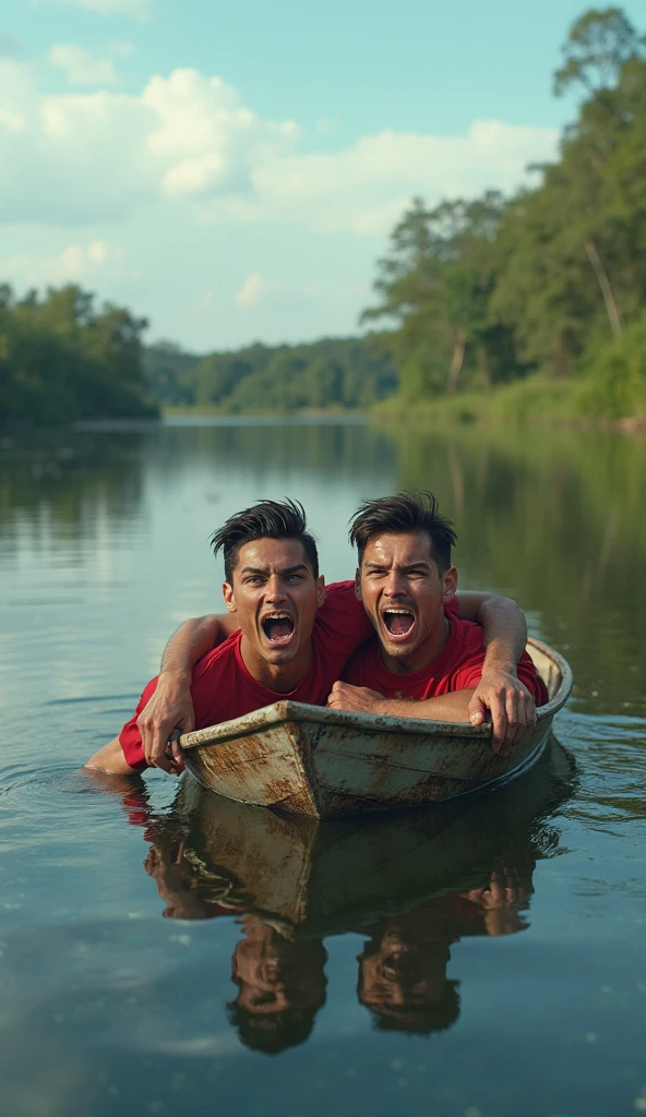 Image of one man drowning ther man's mouth with river water