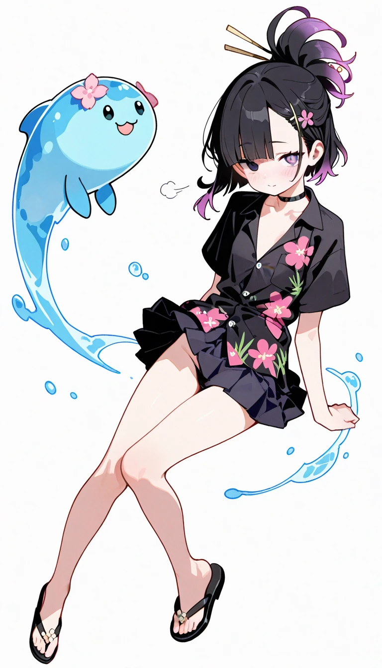 1girl, lavender eyes, black eyes, jitome(0.5), black Hair, pink Gradient Hair, blunt straight bangs, long ponytail, small Breast, black hawaiian shirt, pink Gradient clothes, black pleated skirt, flower pettern clothes, Floral lining, oriental decoration, Choker, bare legs, Thong Sandal, slender body, doremi, hwansang, mx2j, masterpiece, best quality, Perfect details, perfect composition, absurdres, newest, very aesthetic, amazing quality, highres, Perfect face, light effects, Focus on the character, film grain, looking at viewer, hairpin, gold decorations, flowers, shy face, dynamic pose, dynamic view, simple background, water splash, water shape katana, movie style, with realistic water elements swirling around her, cute expression, water devil pet, teasing, tease, full body, The skirt flutters in the wind blowing from behind,