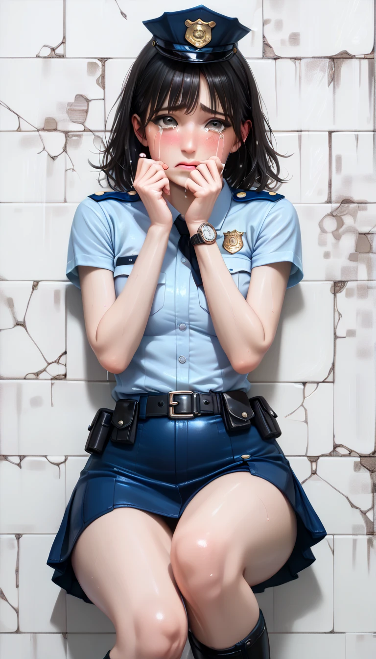 Sophie Marceau on her knees with tied hands sucks dick, chained to the wall, gives blowjob to his boss, rough oral sex, short uniform, slim figure, flat chest, Obedience, Short skirt, wet panties, Chernobyl