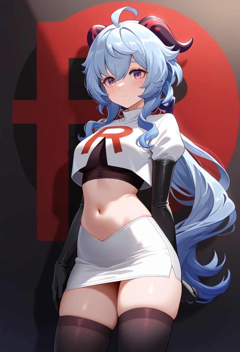 best quality, masterpiece, highres, solo, {helena_azurlane:1.15}, blue_hair, long_hair, ahoge, purple_eyes, breasts, blush, bangs, hair_ornament, medium_breasts, hair_between_eyes, 1girl, looking_at_viewer, large_breasts, team rocket,team rocket uniform,white skirt,red letter R,crop top,black thigh-highs,black elbow gloves