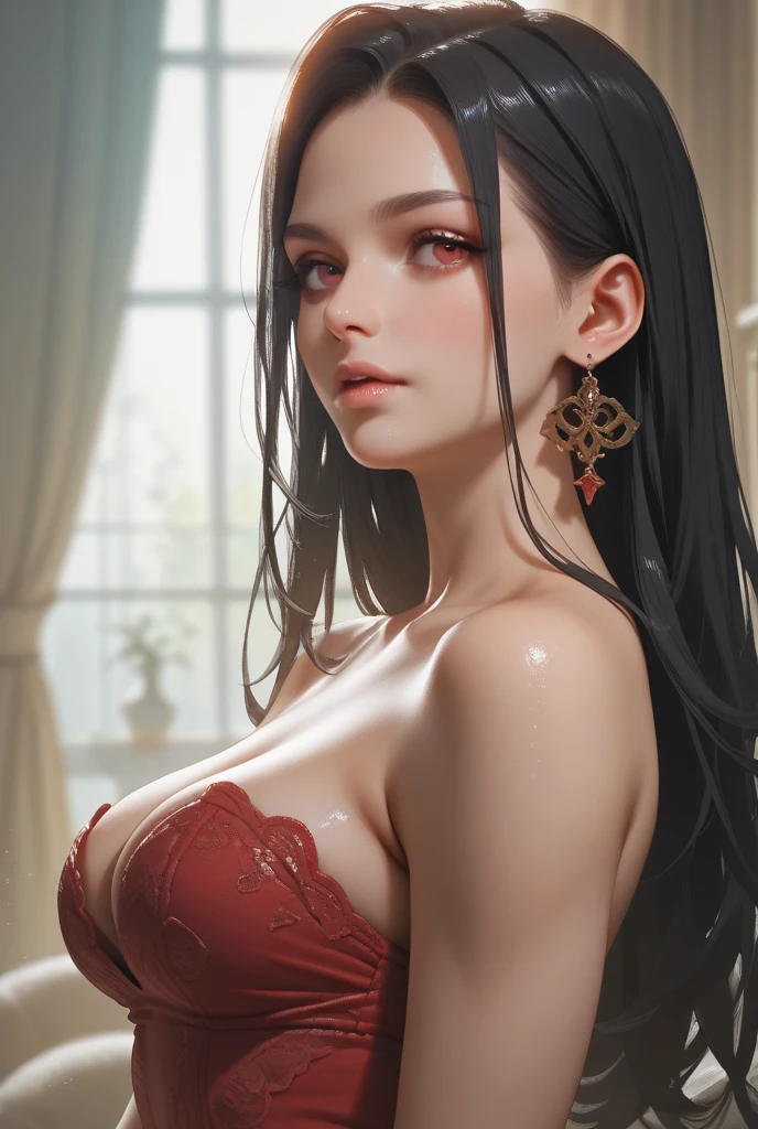 ((Masterpiece，Best quality，Ultra-clear details，The upper part of the body，beauitful face，beautiful pupil))，(Red lace underwear，huge tit，gigantic cleavage breasts，cleavage，sit on a bed)，Stroke hair with one hand，Seduction pose，Black color hair，with brown eye，Toned abs，Slim waist
