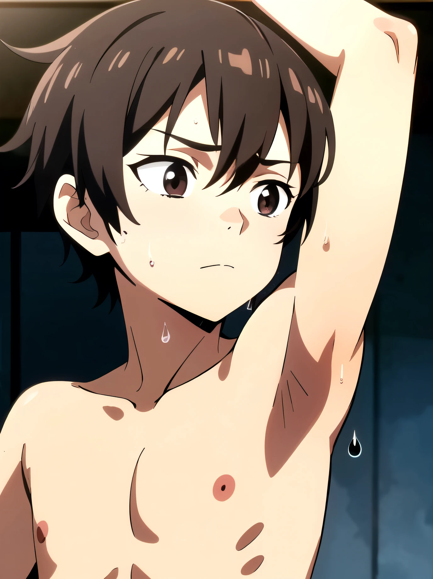 score_9, score_8_up, score_7_up, source_anime, highly detailed,skinny, slender,glaring, male focus,upper body, nipple tweak, grabbing from behind, interracial, nude, 2boys, standing, hands up,nude,heavy breathing, handa shinichi, brown hair, brown eyes,sweat, nose blush drooling,open mouth,orgasm,embarrassed, faceless male,motion lines, speed lines,