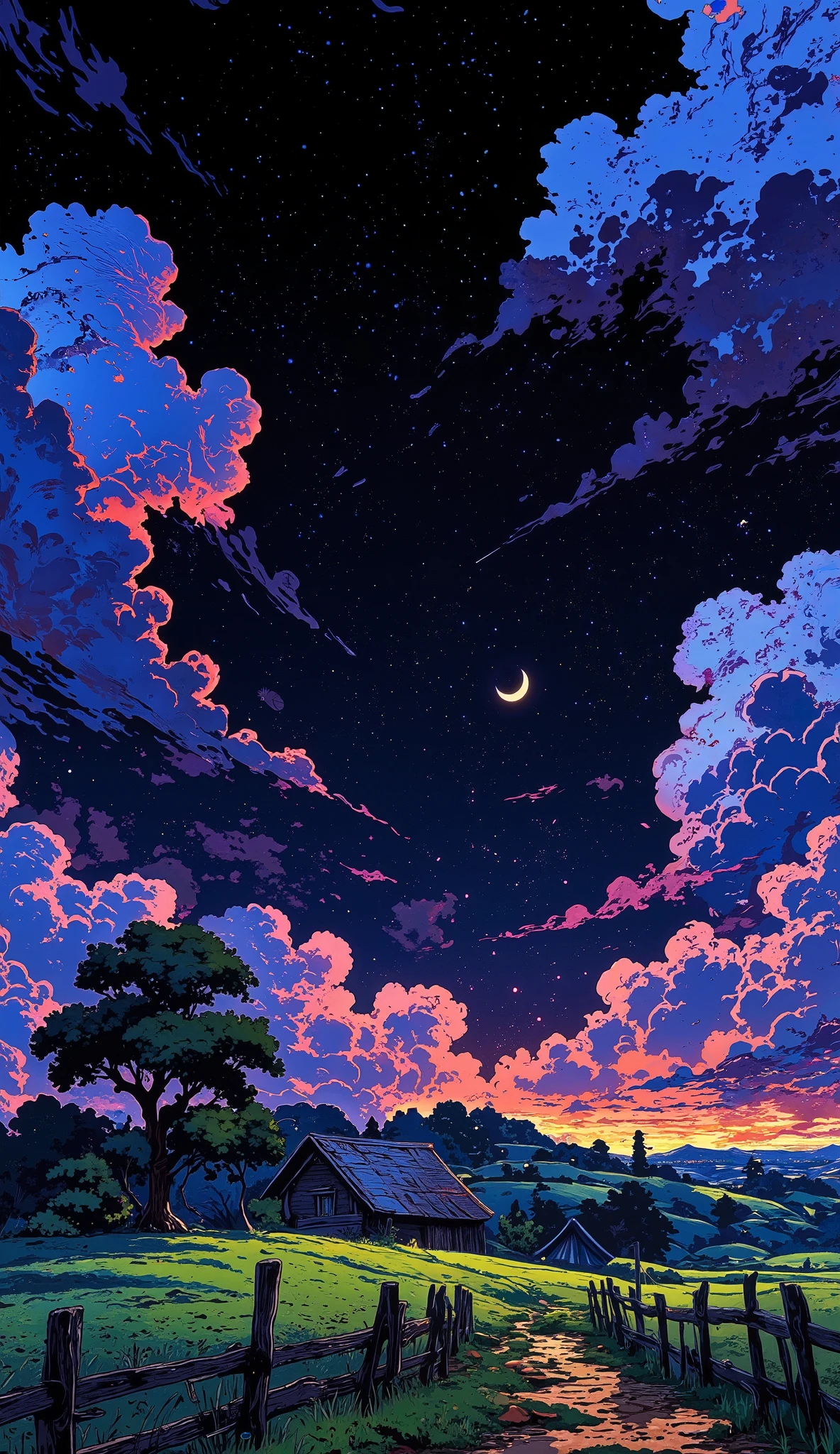 Create an intense, evocative scene in the Japanese retro anime style of the 80s and 90s. The background features a small moon hanging low over an open field landscape with a solitary tree, a wooden bench nearby, and rustic fences stretching into the distance. In the far background, the faint silhouette of a distant city glows softly, adding depth and contrast. The scenery is stark, with sharp contrasts highlighting the contours of the land, tree, and structures. The blue, purple, and black palette intensifies the mood, evoking a sense of mystery, allure, and sadness. Subtle film grain and meticulous shading add depth and texture, emphasizing the emotional gravity of the atmosphere. The lighting creates a chiaroscuro effect, enhancing the dramatic and melancholic ambiance of the scene.