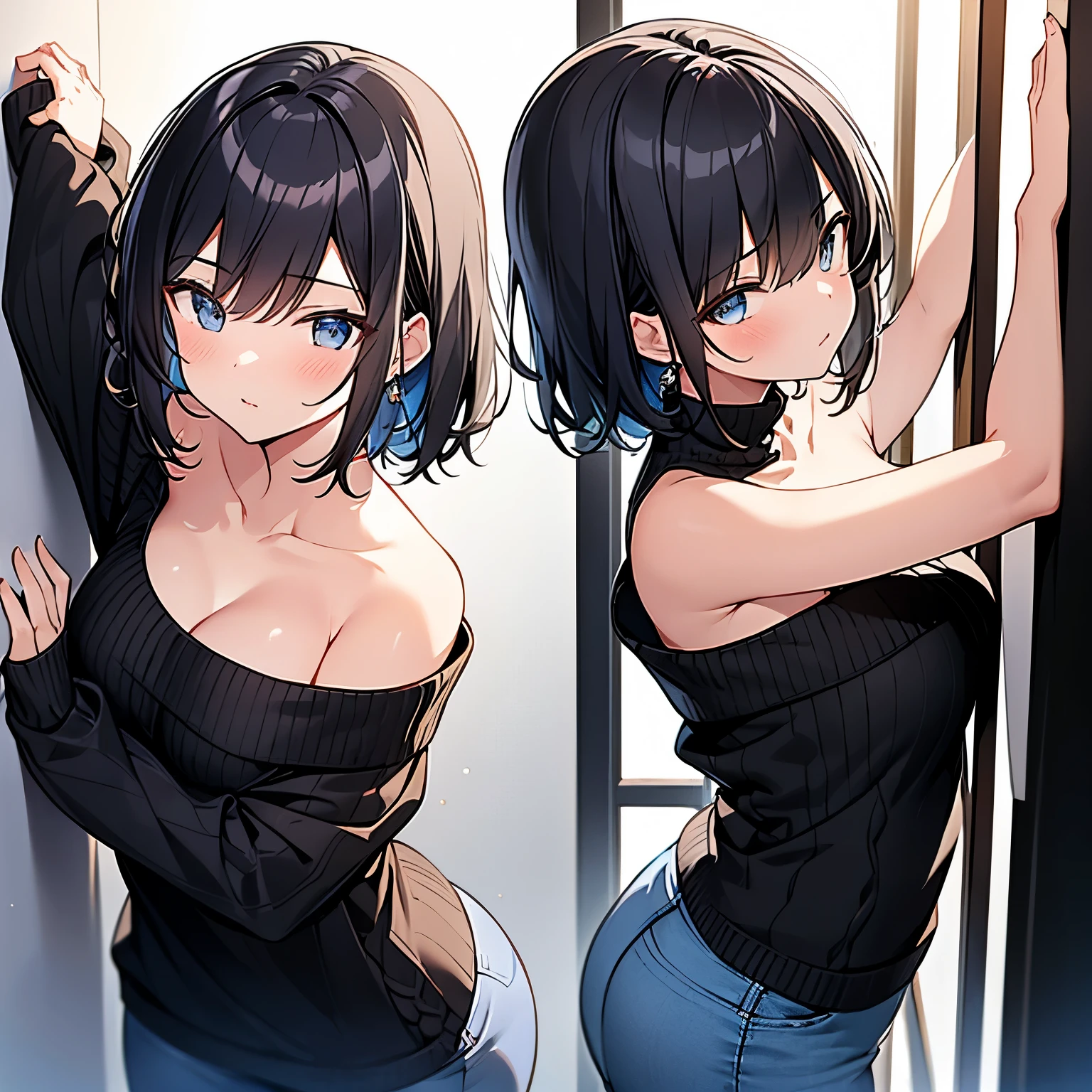 (best quality), (Super detailed), (Best Illustration), (masterpiece), score_9, score_8_up, score_7_up, (4k), nsfw, (1woman), (full nude), (large breasts), {brown hair, (sideburns), (bob cut:1.3), curly hair, hairs between eyes, colored inner hair}, {(detailed eyes), twinkle(in the eyes), blue eyes}, nose blush, earring,
