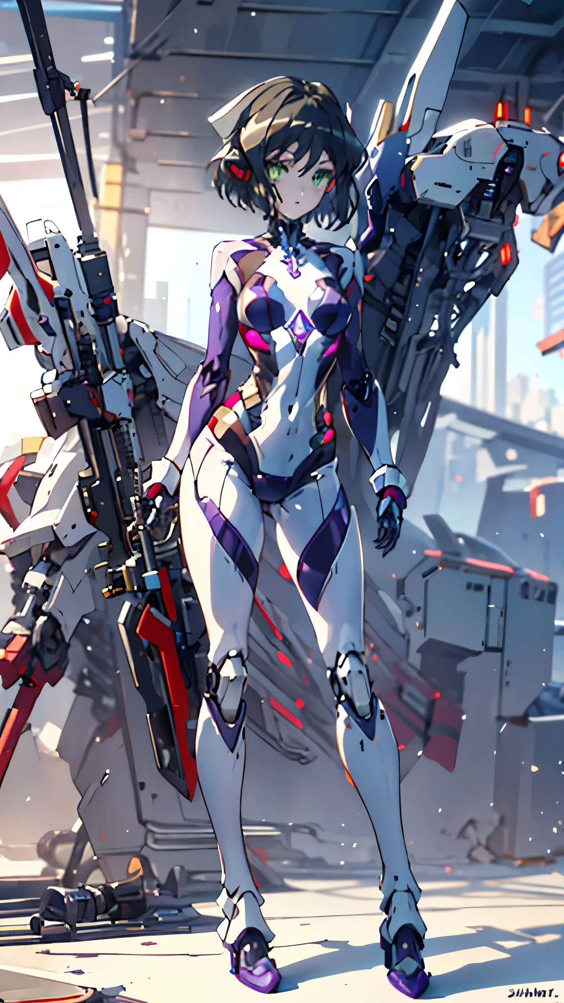 masterpiece,best quality,depth of field,focused subject,dynamic angle,action shot,1girl,18yo,kohinata miku,black hair,(short hair:1.3),bow,green eyes,(oily skin,gleaming skin,small breasts:1.3),eye highlights,perfect face,(tureme:1.3),eyelashes,(eye highlights:1.2), ultra-detailed eyes,slim waist,bodysuits,armored exosuit,power armor,(mecha musume:1.3),lips,robot_girl,solo,breasts,Narrow shoulders,outdoors,looking at viewer,elegant and mysterious,realistic,(slender thighs, slender legs),(armored exosuit:1.3),standing,simple background,purple armor,white line,(Busou Shinki),holding huge rifle,Shoulders-mounted Twin Big shields,missile pod,