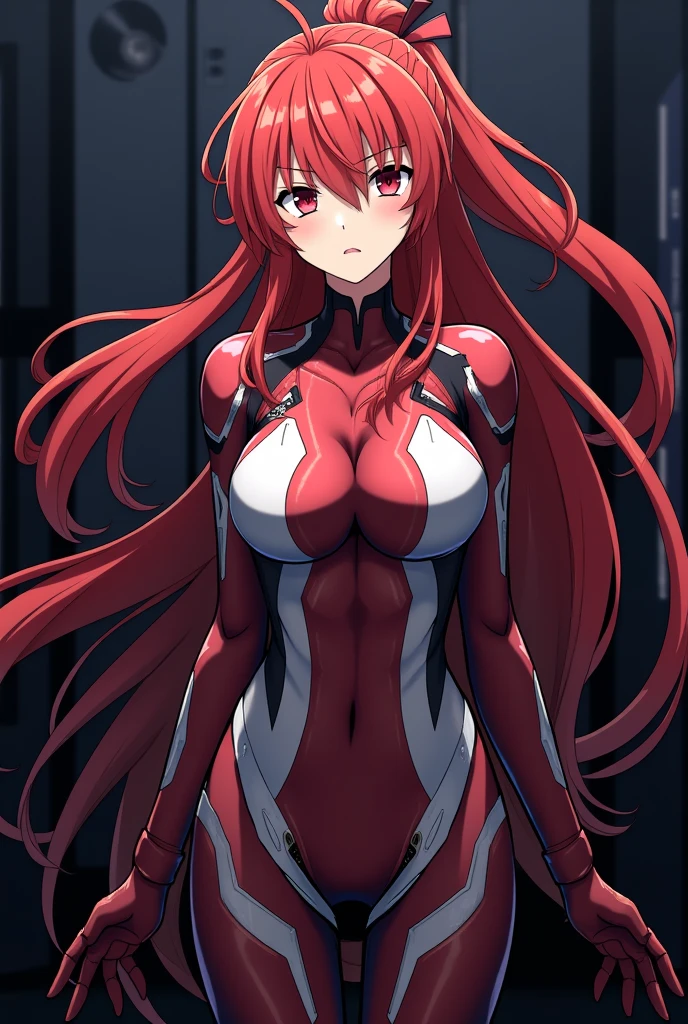 anime girl, long red hair, crimson red eyes, mature and tall, mature face, slightly fierce face, in beautiful red top and tight white pants, 8k, high resolution, good anatomy