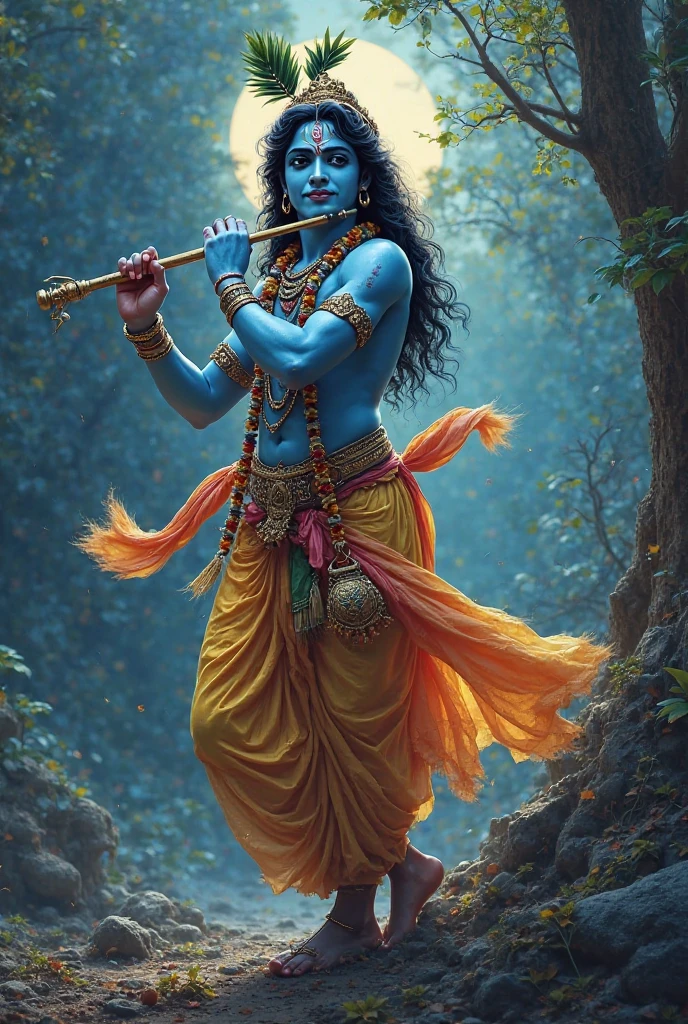 Lord krishna from mahabharata In the field of kurukshetra with complexion the color of rain clouds. He plays a flute, His smiling enchanting. He wears a peacock feather in His curly black hair and a flower garland around His neck.