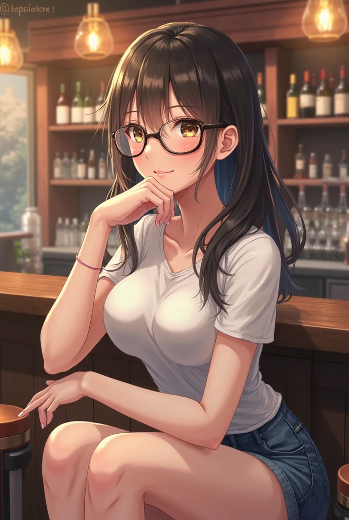 (and、、Black-haired、Long Hair、Straight hair、hair ornaments、Light brown eyes、Laughter、Wearing black glasses、、Cute Face)、masterpiece、Highest quality、Completely naked、Nipples、restaurant、toast、coffee,Big Breasts