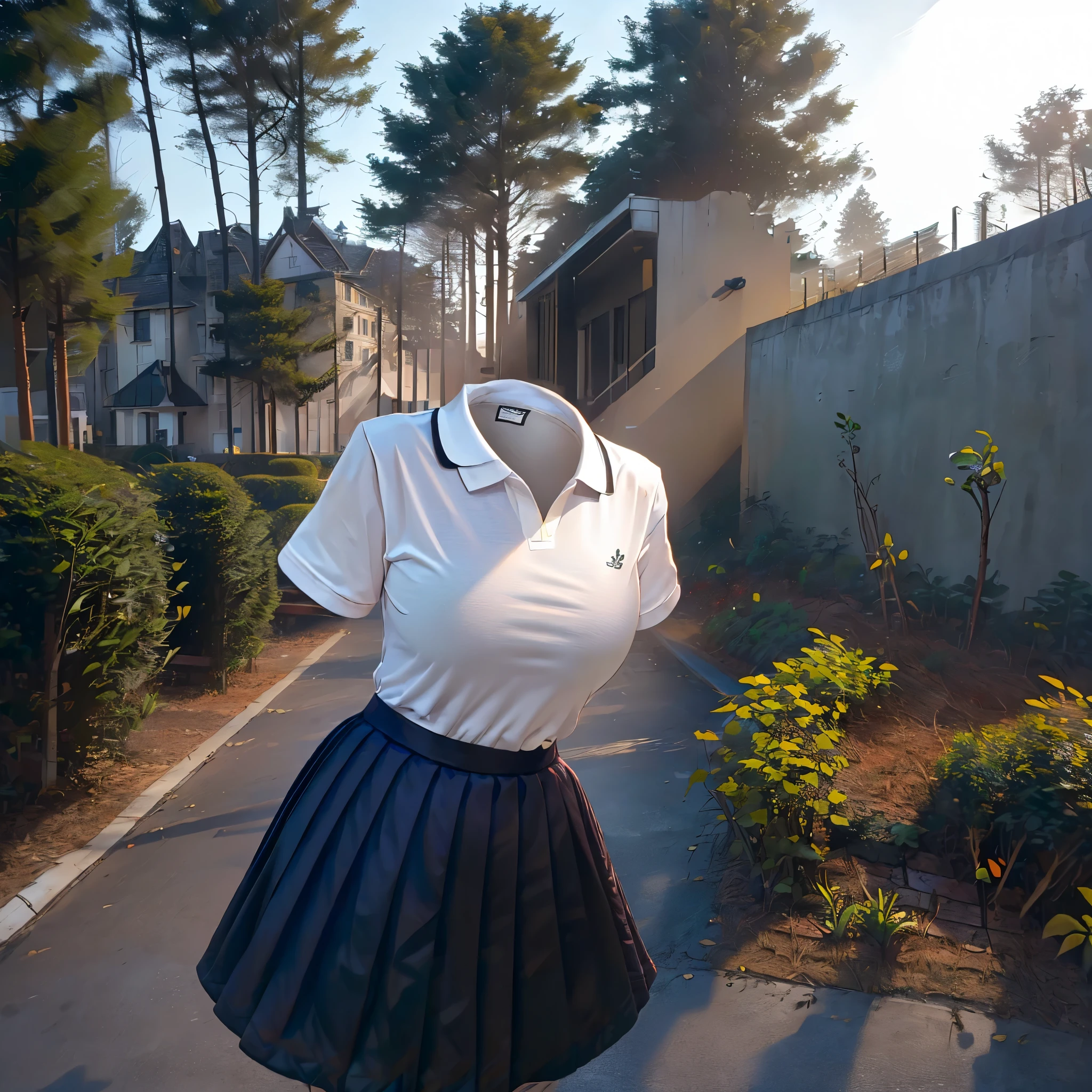 (invisible, no humans, headless, handless, faceless:1.5), focus, cinematic lighting,
((masterpiece)), ((best quality)), ((intricate detailed)), ((Hyperrealistic)), mature woman, perspective, highly detailed, 1girl, big breasts, school polo shirt, plaid skirt, detailed background, leaning forward, bust shot