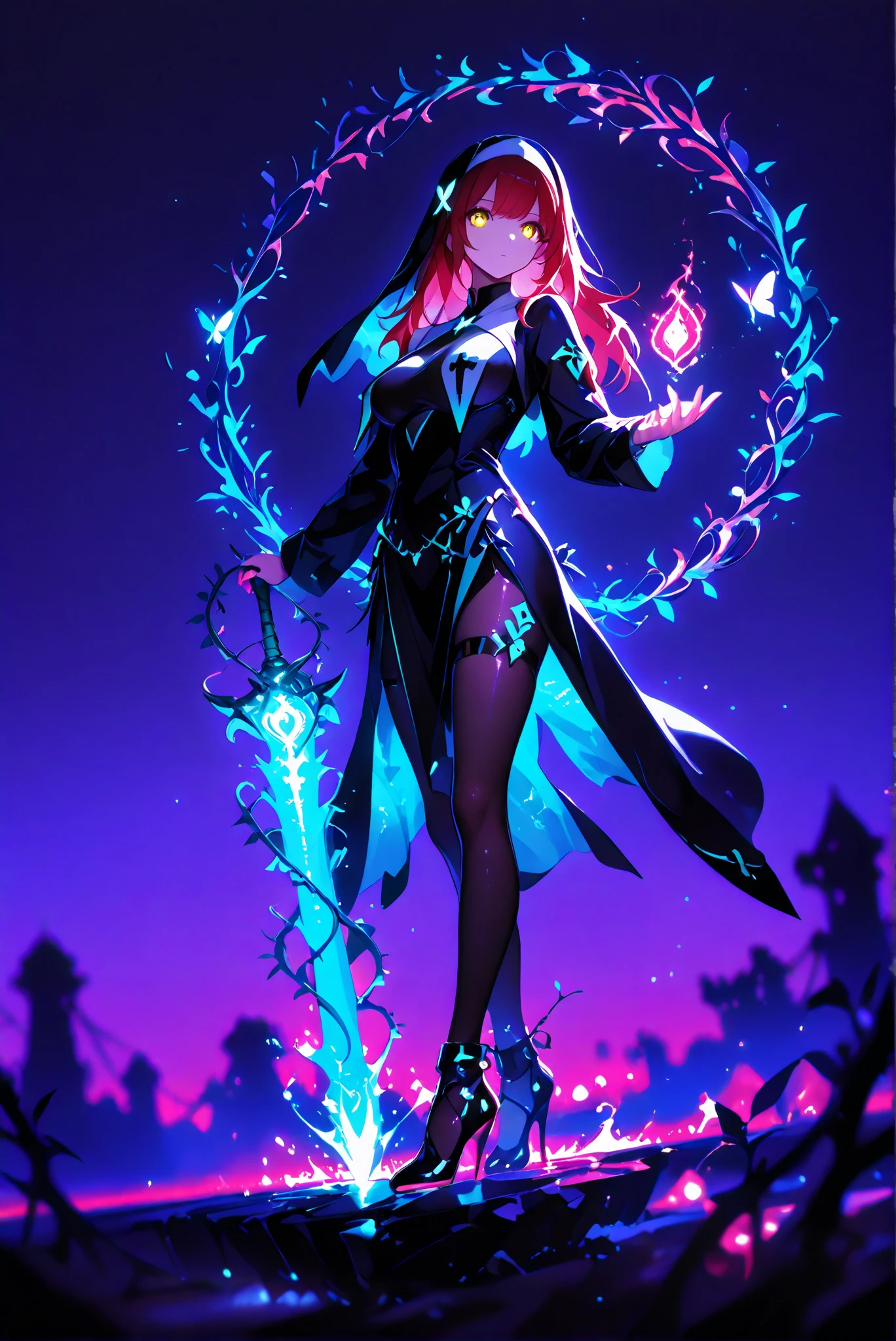 1 woman, Dragon Slayer, Giant Weapon, sword , holding sword , holding a weapon, Hole High Heels Limited color palette , Colorful, vivid color ,Flashing silhouette ,Neon ,Black light , masterpiece, is very beautiful ,red hair, long hair, hair ornaments,golden eyes, casts a huge blue glowing round spell, her hand to cast a pink magic spell where there is a glowing heart symbol on it. , Twisted vine spell that cast a green glow from your hands, cast a huge blue glowing round spell, nun,pantyhose,luminous mantra breast curtains,using yellow magic,using green pink, purple, red, blue, and the sky is full of cluttered glowing,green pink purple red blue glowing magic splashes,splash of color,glowing splash,high contrast,night sky,Matthyser's work,ultra high resolution,depth of field,butterfly,extreme beauty,purple theme,blurred color,multicolored bright light,colorful glow