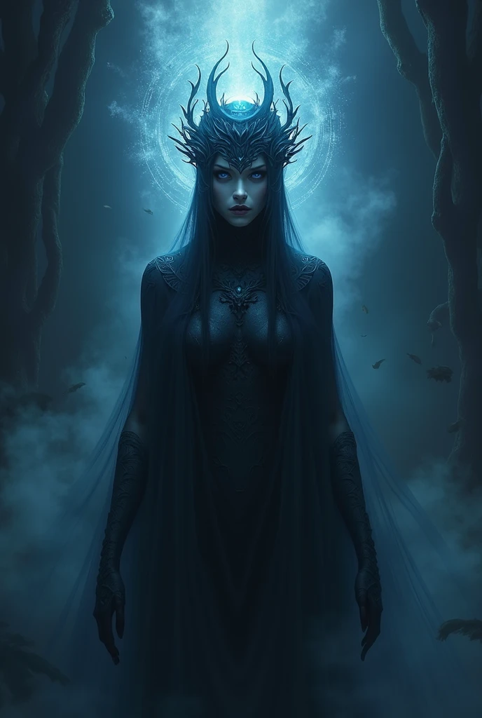 A mystical being that lives in a forest, with huge trees and lots of undergrowth, near a river that has a dark and brilliant waterfall that reflects the trees. The tall, dark, mystical being with a deathly gaze, with bright blue eyes, Your face is contorted. It has large black wings, Your body is covered in scales that look like scales.
