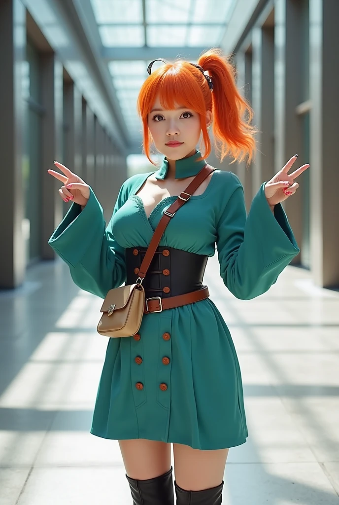 kendou itsuka, long hair, side ponytail, 1girl, mask, green eyes, outdoors, cafe, upper body, smile, orange hair, blue dress, looking at viewer, chinese clothes, closed mouth, solo, china dress, sleeveless