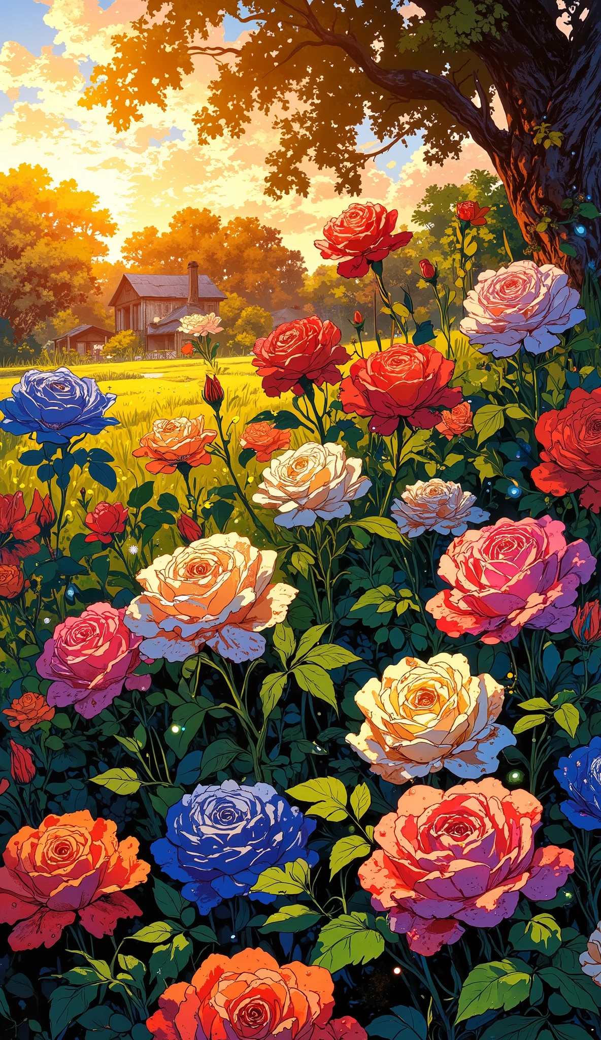 "A breathtaking enchanted garden filled with roses made entirely of delicate stained glass. Each petal glows with vibrant hues of ruby red, sapphire blue, emerald green, and amethyst purple, catching the golden light of the setting sun. The translucent petals shimmer like precious gemstones, casting soft, colorful reflections on the dewdrop-covered grass. Gentle rays of sunlight filter through the petals, creating a mesmerizing dance of rainbow light across the scene. The air is filled with a soft, magical glow, and tiny floating motes of light drift lazily, enhancing the dreamlike atmosphere. The garden feels ethereal, peaceful, and otherworldly, as if it exists in a realm of pure enchantment."