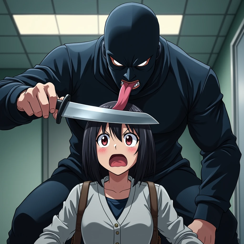 1girl, seras, ahoge, blush, straight-on, in heat, aroused, naughty face, open mouth, tongue, plump lips, heavy breathing, upper body, face focus, (arms at sides), black hair, sweaty, 1boy, large penis, long penis, testicles, penis awe, (penis over eyes), penis on face, foreskin, saliva drip, muscular, colorful, hdr