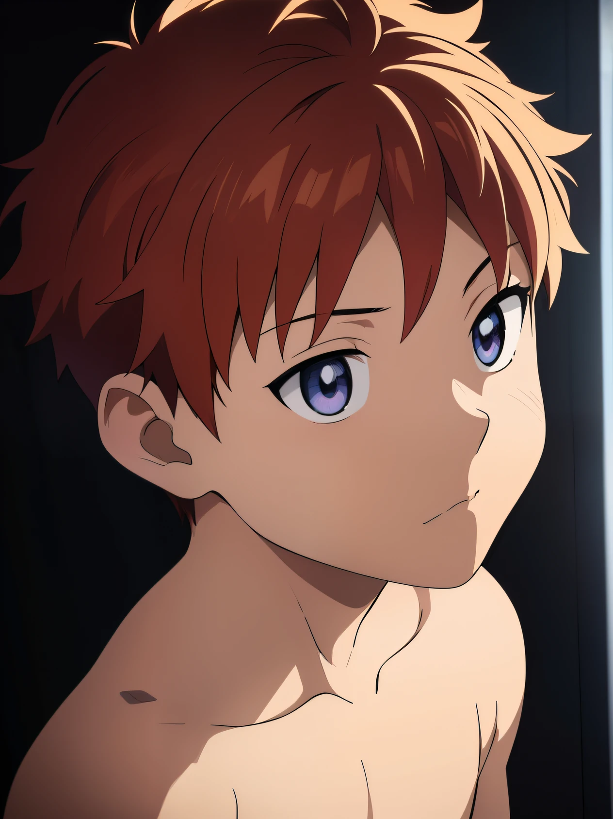 high-quality, masterpiece, 1boy, Boy, Shota, cute face, a boy is showing off his armpits, anime, detailed portrait of a young anime boy with a cute and innocent face, red hair, Wearing an open shirt revealing his armpits, looking shy and bashful, surrounded by a soft, atmospheric background, 8k, highly detailed, photorealistic, studio lighting, vivid colors, cinematic composition