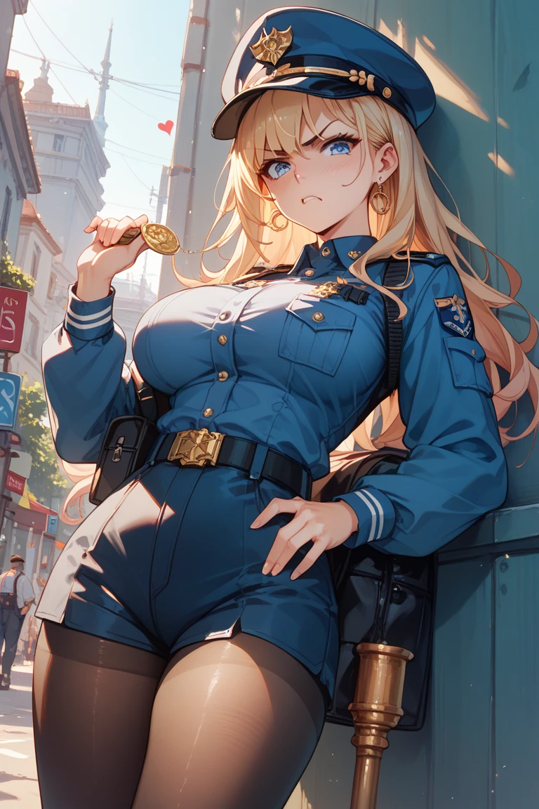 1girl, animal ear fluff, animal ears, armband, barn, black gloves, black pantyhose, blonde hair, blue armband, blue eyes, blue jacket, blue necktie, blue shirt, breasts, closed mouth, cloud, crossover, dress shirt, epaulettes, expressionless, feet out of frame, floating hair, gloves, grey sky, hair over one eye, high collar, jacket, large breasts, long hair, long sleeves, necktie, open clothes, open jacket, outdoors, pantyhose, pencil skirt, police, police uniform, power lines, shirt, shirt tucked in, sidelocks, sideways glance, skirt, sky, solo, standing, uniform, utility pole, wheat field, masterpiece, best quality