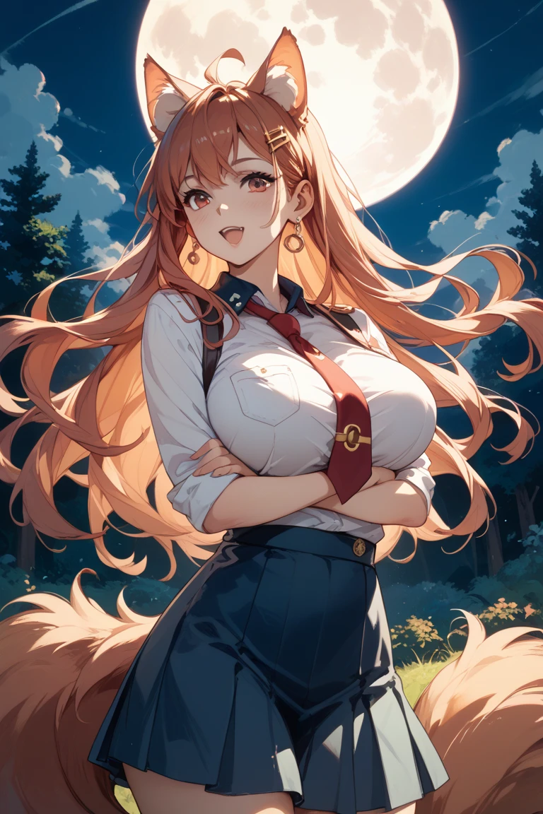 score_9, score_8_up, score_7_up, score_6_up, source anime,(pov),(masterpiece, best quality:1.3),extremely detailed,cowboy shot,1girl,(holo),spice and wolf,solo,wolf girl,wolf ears,wolf tail,light, brown hair,small breasts,center opening,cleavage,navel,nail polish,slim legs,long hair,earings,looking at viewer,grin,bent over,red necktie, school uniform, skirt, choker, shirt, piercing, black choker, jewelry, white shirt, plaid skirt, tied shirt, plaid, pleated skirt, collared shirt, red skirt ,outdoors, star \(sky\), night, best quality,amazing quality,very aesthetic,absurdres