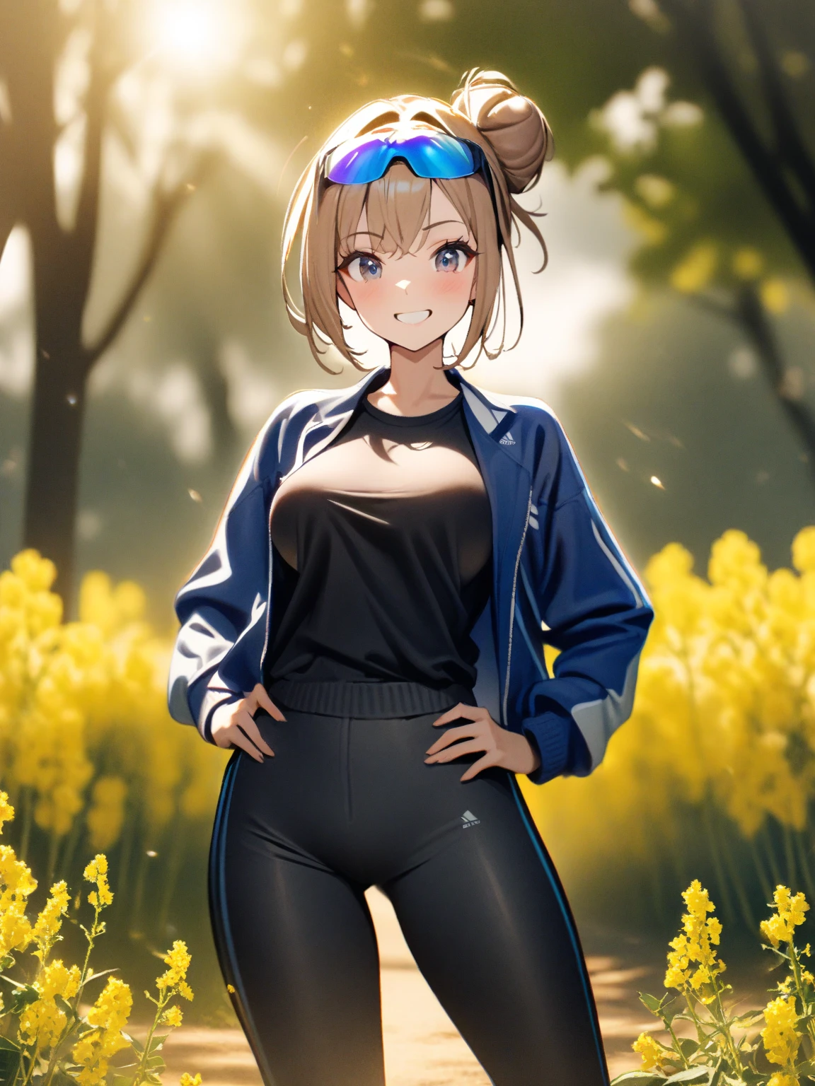 (best quality,anime style,blue eyes,detailed eyes,medium hair,light hair,loose hair,field,smile,leggings,open legs) straddling, girl on top