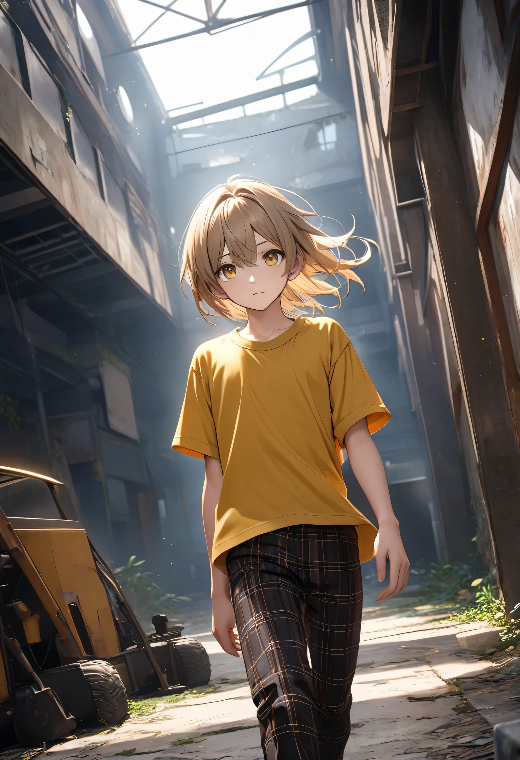 ((masterpiece background, better quality, High resolution, UHD, perfect pixels , depth of field, 4k, RTX, hdr)), Seventeen-year-old boy alone, slim body, average height, semi-long hair type 60s that covers his ears ,light brown hair , (eyes honey shirt, fringe to the side , (smooth texture: 0.75), serene look,(smooth texture: 0.6, realistic texture: 0.5, photorealistic: 1.1, anime cg style), (dynamic angle, foreground, looking at the viewer), walking to the front, (red leather jacket, loose black plaid pants, yellow sports shirt, brown shoes , ((seen from the ground where you can see the angle at which the boy approaches walking)), (( in the background: the interior of an abandoned warehouse , it's night,)) High resolution , clear facial features