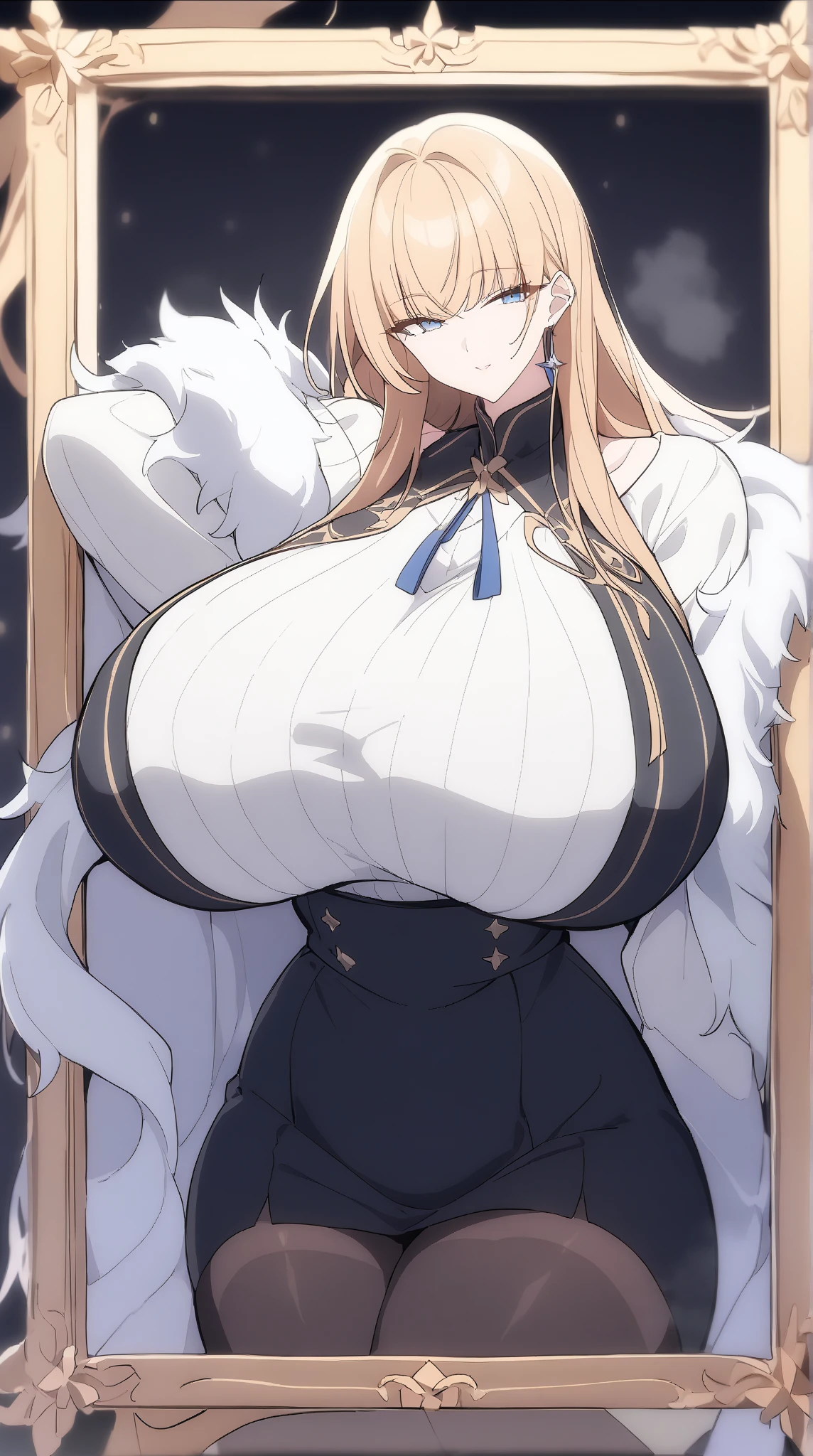1girl,solo,Mature Women,blonde hair color,long hair,grey eyes,slanted eyes,double edged eyelid,super huge breasts,slender,black knit long sleeves,chest Heart-shaped hole in clothing,feather shawl,sexual passion,near,standing up,house,in room
